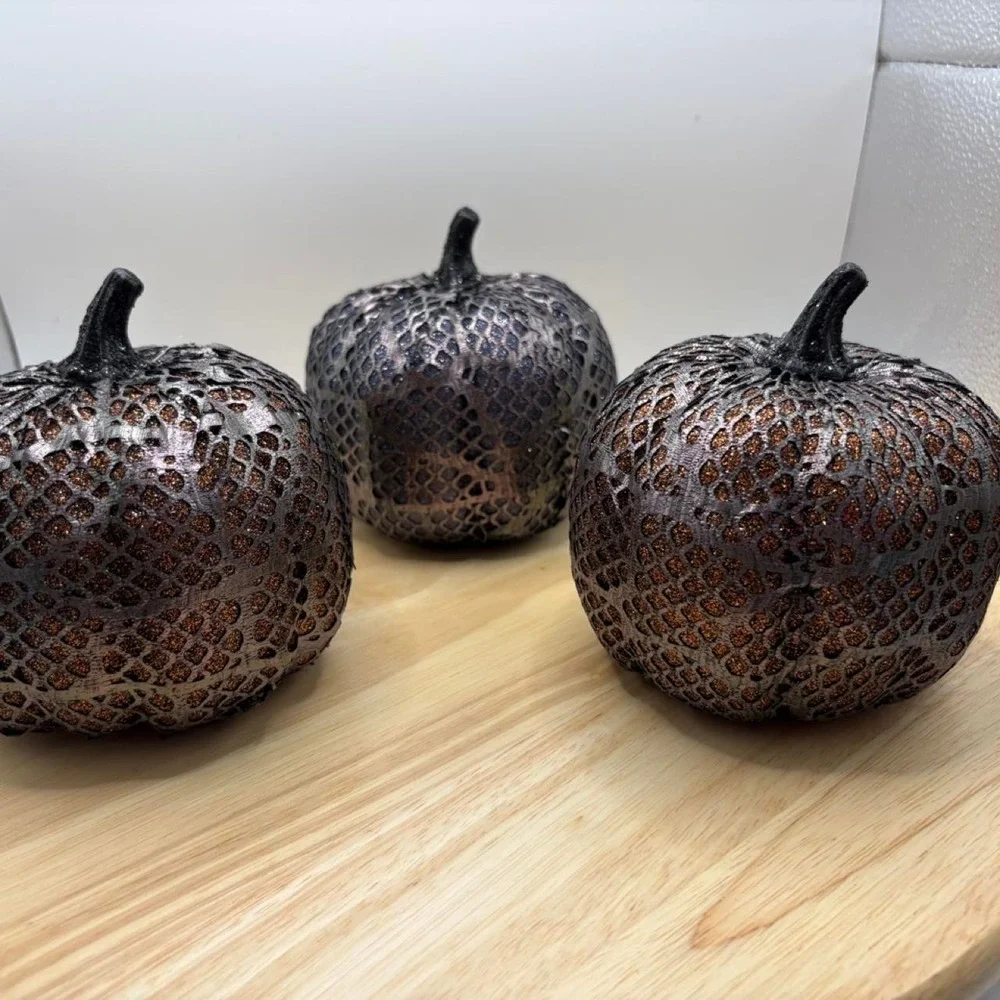 Set of 3 Halloween Gothic Mesh Sparkle Snakeskin Pumpkins Brown Black 5in